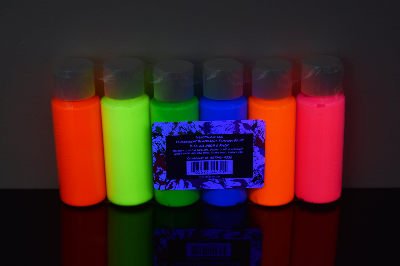 Blacklight Reactive Fluorescent Tempera Glow Party Paint 6 Pack 2 Ounce Bottles
