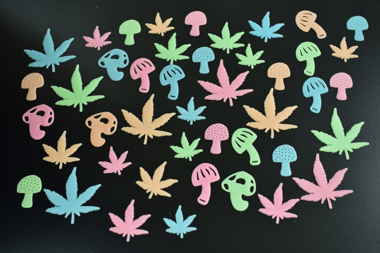 48 Piece Glow in The Dark Marijuana Weed Pot Leafs and Groovy Mushrooms Wall Ceiling Decor