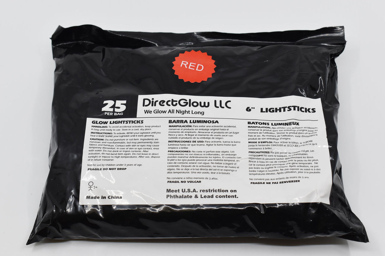 6 inch 15mm Red Premium Safety Glow Sticks- 25 Per Package