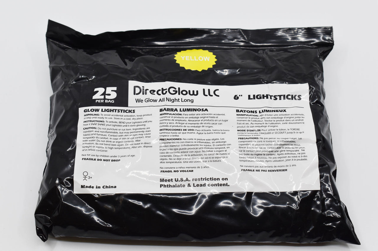 6 inch 15mm Yellow Premium Safety Glow Sticks- 25 Per Package