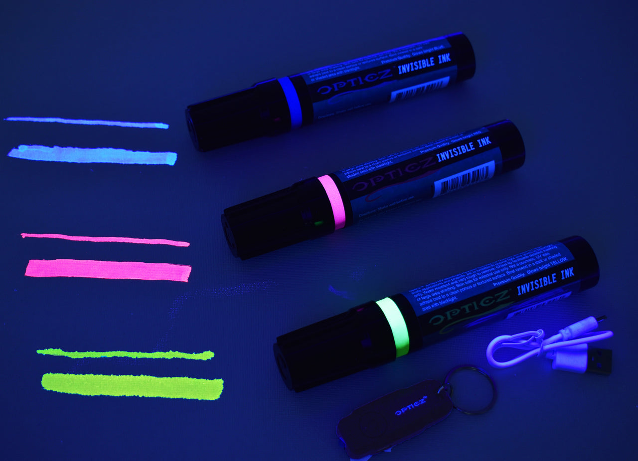 Opticz Jumbo UV Blacklight Reactive Invisible Ink Chisel Tip Marker Pen With Rechargeable UV Keychain Light
