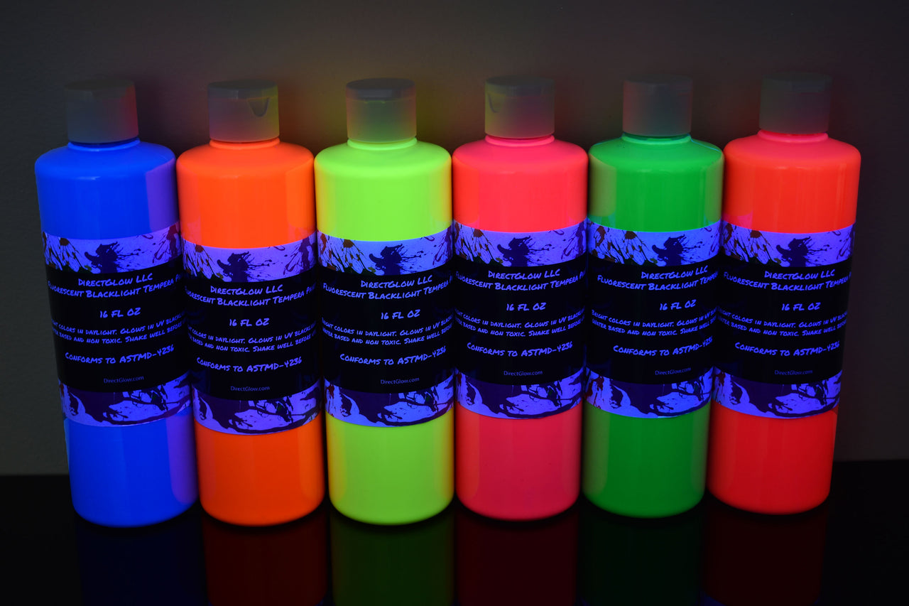 Blacklight Reactive Fluorescent Tempera Glow Party Paint 6 Pack 16 Ounce Bottles