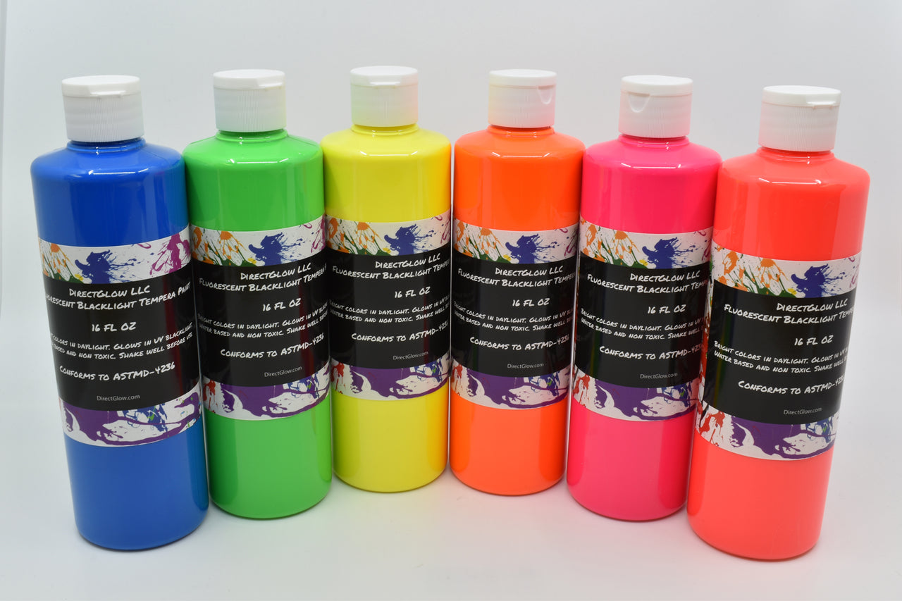 Blacklight Reactive Fluorescent Acrylic Paints 6 Pack 16 Ounce Bottles –  DirectGlow LLC