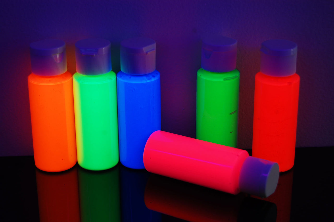 Blacklight Reactive Fluorescent Acrylic Paints 6 Pack 2 Ounce Bottles