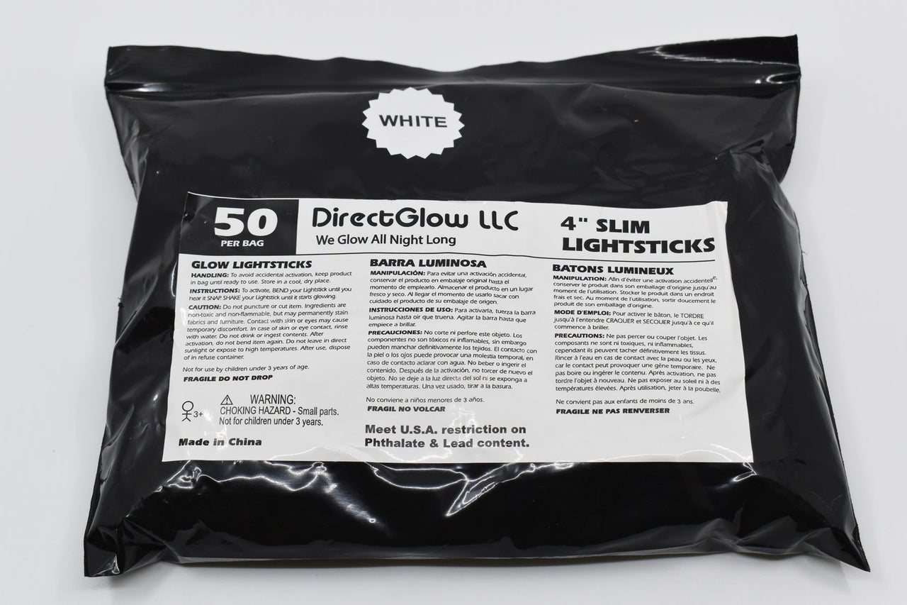 4 inch 10mm White Glow Sticks- 50 Per Package