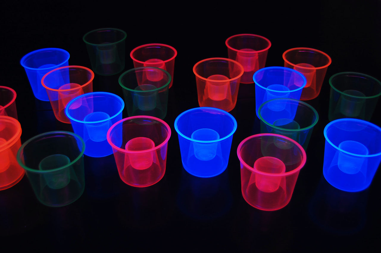 4 Ounce 20ct UV Blacklight Reactive Soft Plastic Bomber Glow Party Shot Glass Cups