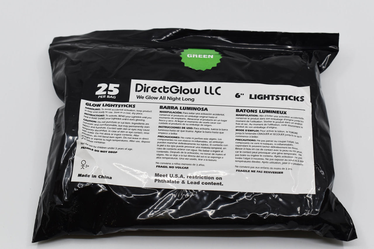 6 inch 15mm Green Premium Safety Glow Sticks- 25 Per Package