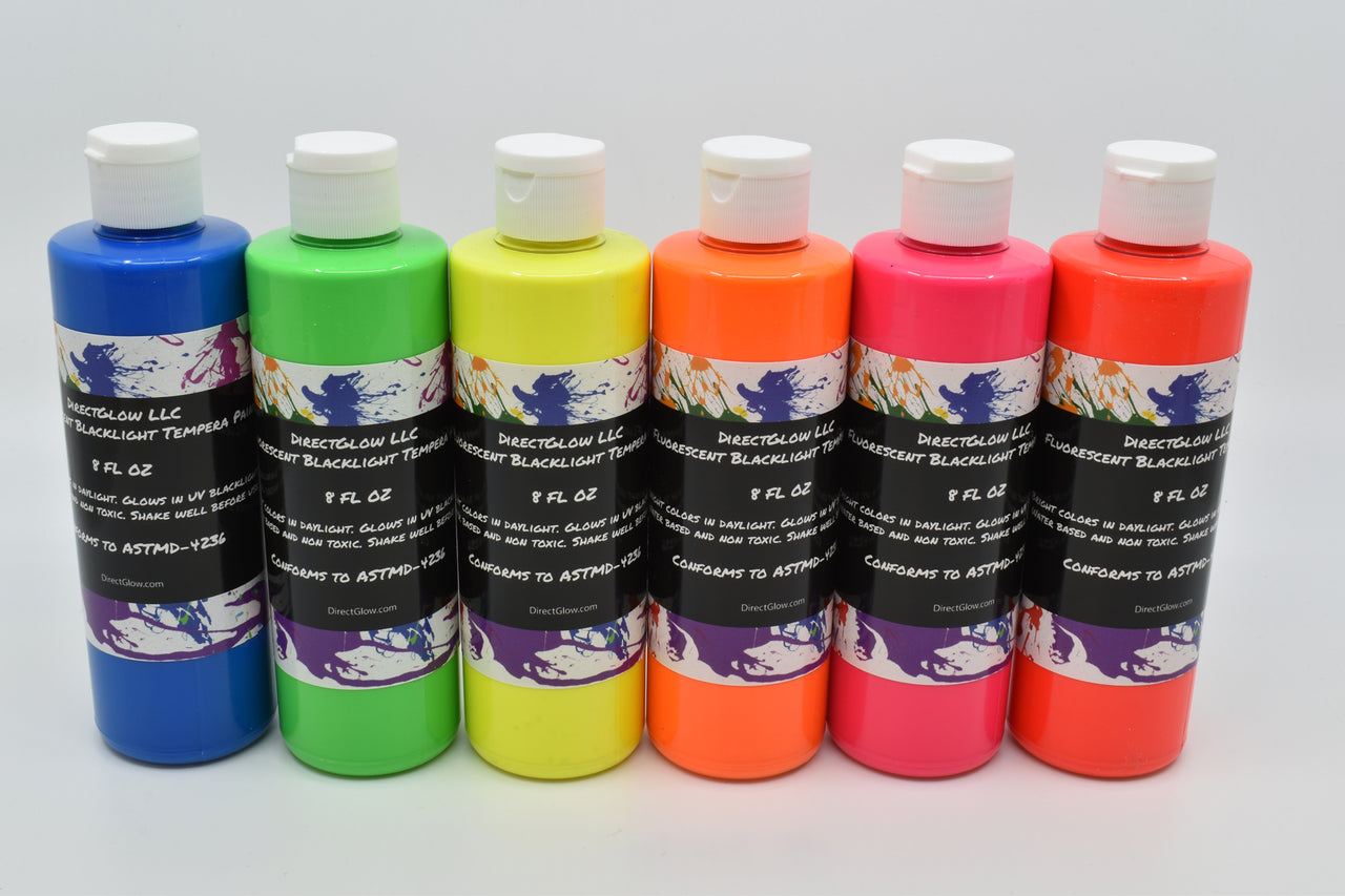 [6 Bottles, 1 oz. each] Body Paint Glow Blacklight Reactive Neon Fluorescent Paint - Safe for Skin - Washable - Non-Toxic - Six Colors Kit