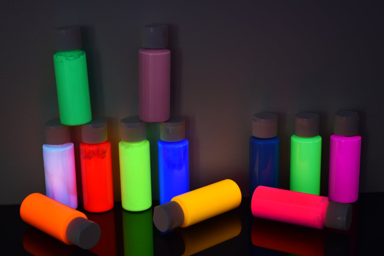 Blacklight Reactive Fluorescent Acrylic Paints 12 Pack 2 Ounce Bottles