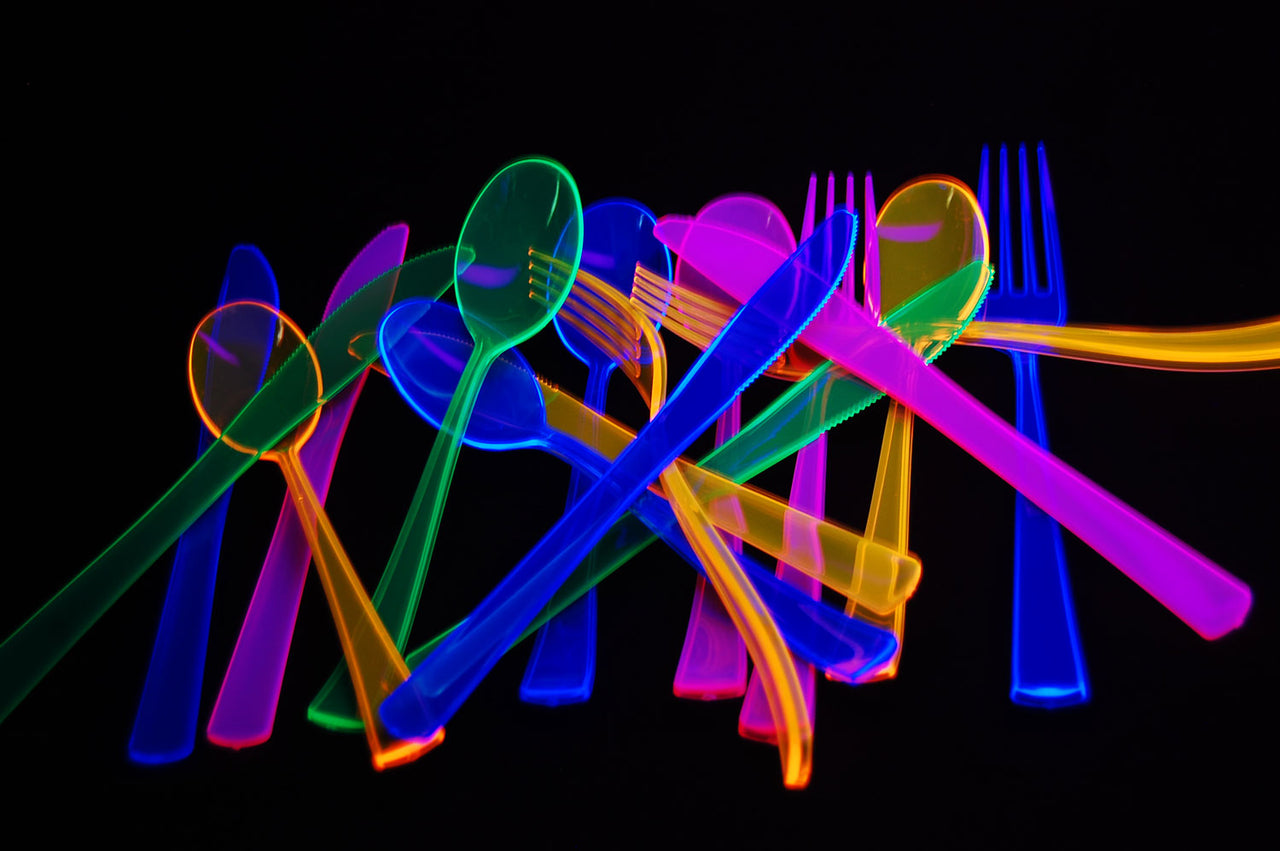 UV Blacklight Reactive Assorted Heavy Weight Cutlery Set- 96 Count