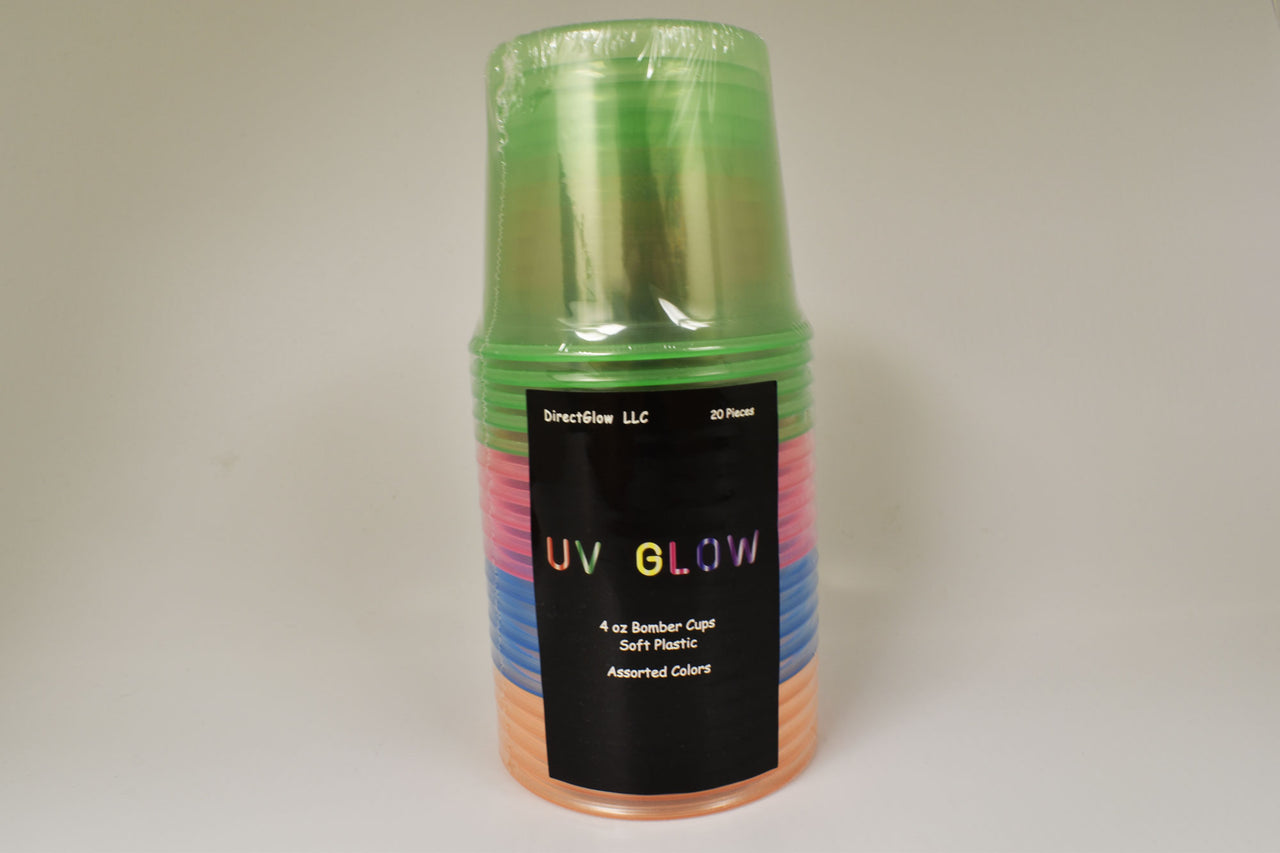 4 Ounce 20ct UV Blacklight Reactive Soft Plastic Bomber Glow Party Shot Glass Cups