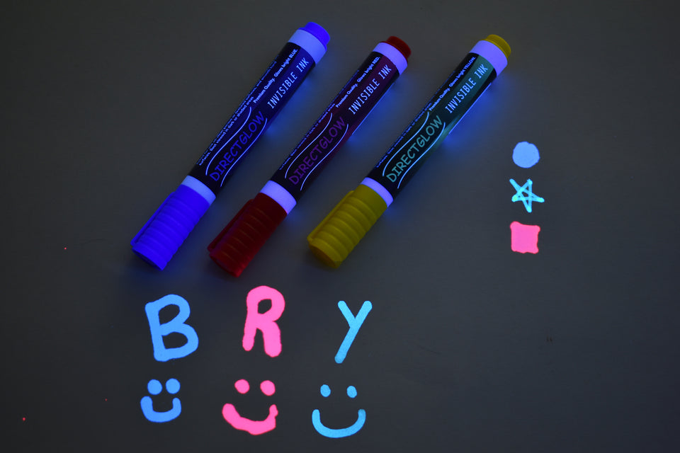 DirectGlow 12 Invisible Ink Markers & 4 UV LED Lights UltraViolet  Blacklight Pens Blue Red Yellow Assorted