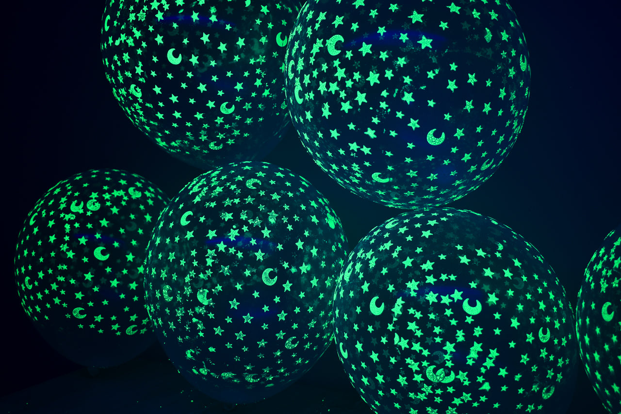 DirectGlow 11 inch Luminous Glow in the Dark Clear Latex Stars and Moons Balloons