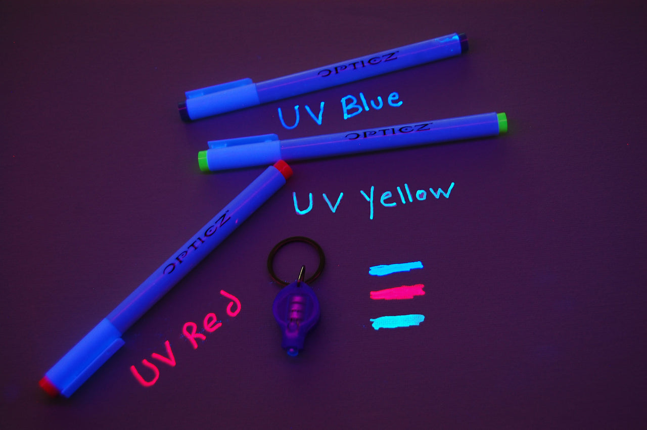 Opticz 3 Pack Invisible UV Blacklight Ink Marker Blue Red Yellow with UV Light