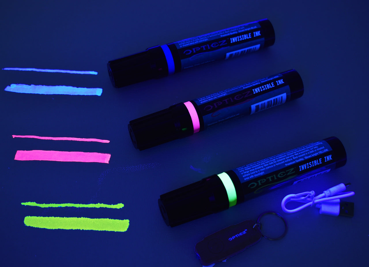 Opticz Jumbo UV Blacklight Reactive Invisible Ink Chisel Tip Marker Pen  With Rechargeable UV Keychain Light